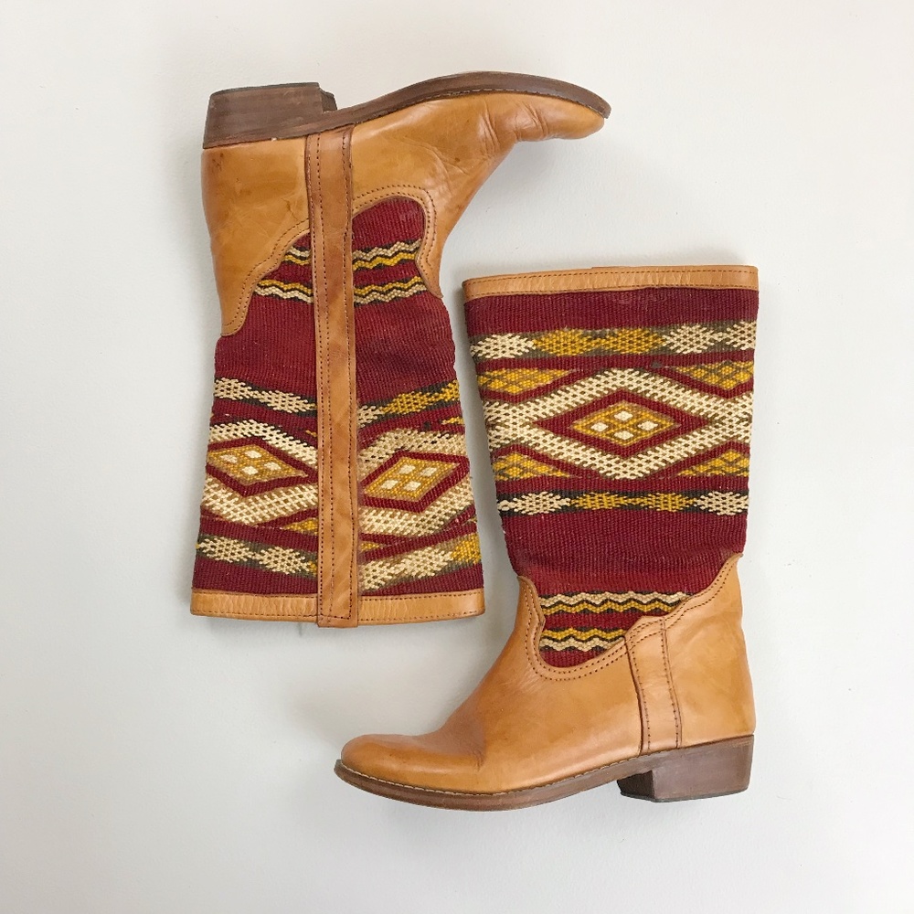 VINTAGE Moroccan Kilim Woven Wool Leather Boots SZ 37 Boho Gypsy Handmade